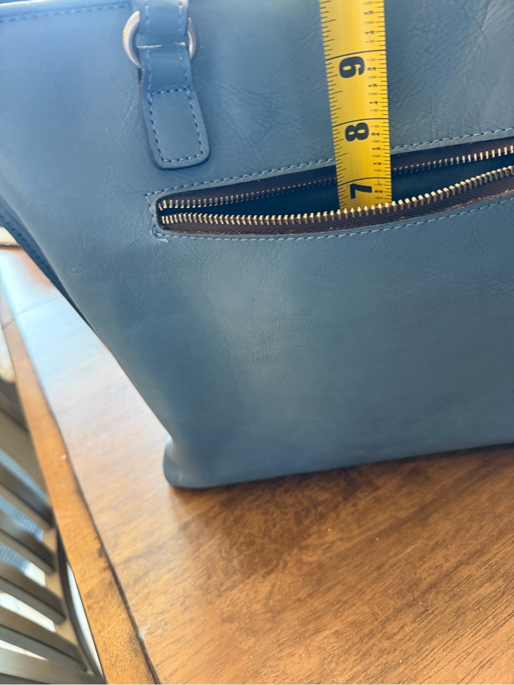 PATRICIA NASH “ADELINE” SAFFLOWER BLUE LEATHER CUT-OUT TOOLED EMBOSSED TOTE - Picture 8 of 16